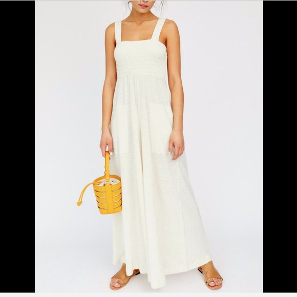 FREE PEOPLE IVORY SLEEVELESS SMOCKED WIDE LEG HOMECOMING JUMPSUIT - Picture 2 of 4